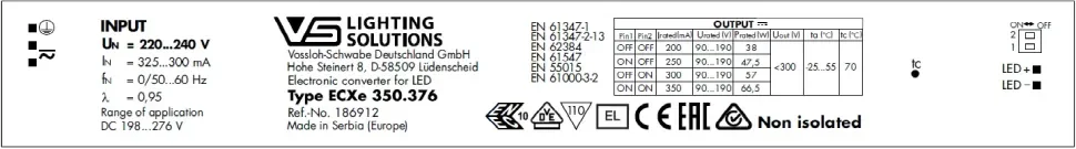 Драйвер для светодиодов линейный 67W/200-350мА 90-190V | DIP-переключатель | ECXe 350.376 | - Vossloh-Schwabe. Фото 2