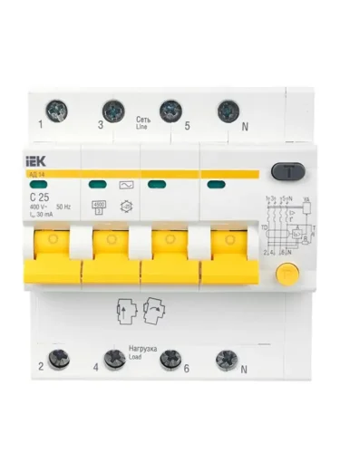 Выключатель автоматический дифференциального тока 4п C 25А 30мА тип AC 4.5кА АД-14 KARAT IEK MAD10-4-025-C-030 - фото 2