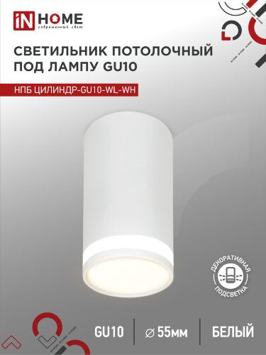 Светильник потолочный НПБ ЦИЛИНДР-GU10-WL-WH под лампу GU10 55х110мм белый IN HOME - Фото
