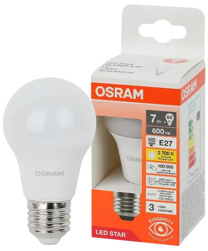Лампа светодиодная LS 7W/2700K (=60W) E27 | LED Star 3Y | Груша | - OSRAM. Фото 2
