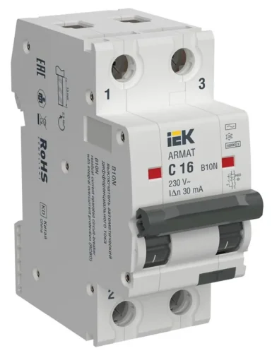 Выключатель автоматический дифференциального тока ARMAT B10N 2P C16 30мА тип AC IEK AR-B10N-2-C016C030 - фото