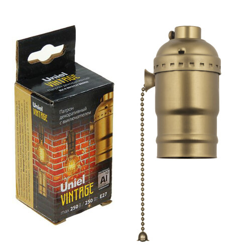 DLC-V-H01Z/E27 BRONZE Патрон декоративный, серия «Vintage». Выключатель шнуровой (цепочка) Материал алюминий. Цвет бронза. ТМ Uniel - фото