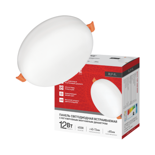 Панель светодиодная встраиваемая безрам RLP-FL 12Вт 230В 4000К 1080Лм 85мм с рег. монтажом 45-72мм белая IP20 IN HOME - Фото