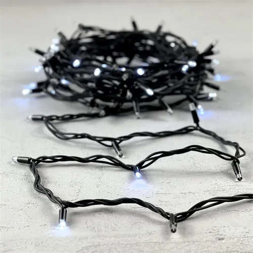 Гирлянда Нить 10м Белая с Мерцанием Каждого Диода 220В, 75 LED, Провод Черный Каучук, IP65. Фото 6.