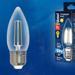 LED-C35-9W-3000K-E27-CL PLS02WH Лампа светодиодная, Форма свеча, прозрачная, Серия Sky, Теплый белый свет 3000К.