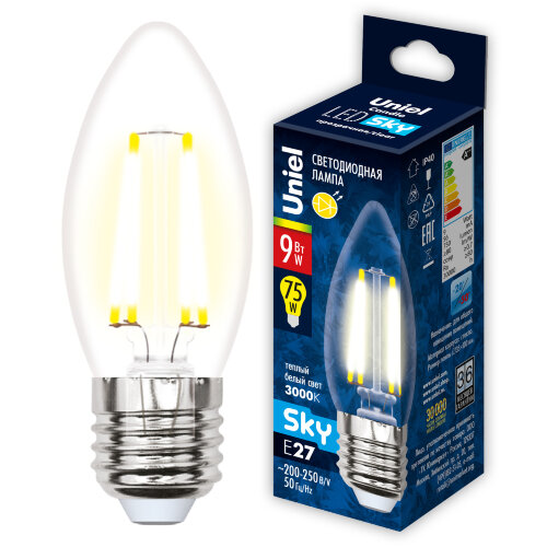 LED-C35-9W-3000K-E27-CL PLS02WH Лампа светодиодная, Форма свеча, прозрачная, Серия Sky, Теплый белый свет 3000К. - фото 5