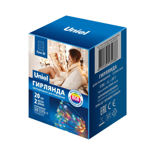 ULD-S0200-020/DTB/3AA/RC RGB IP20 DEW Гирлянда светодиодная «Роса» на батарейках 3AA (не в/к), 2м. 20 светодиодов. RGB свет. Пульт ДУ (в/к) Провод прозрачный. TM Uniel - фото