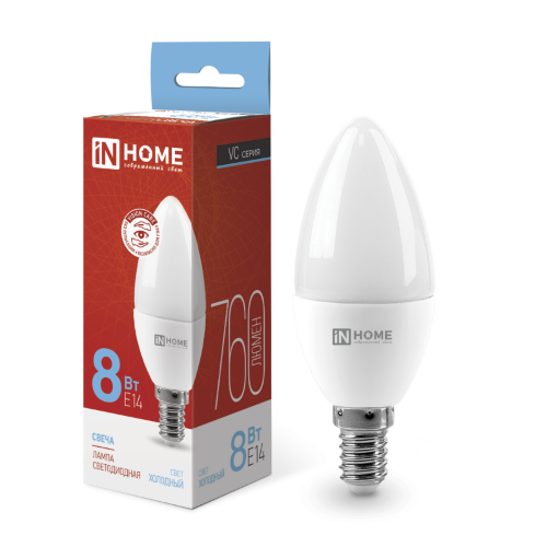 Лампа светодиодная LED-СВЕЧА-VC 8Вт 230В Е14 6500К 760Лм IN HOME - Фото