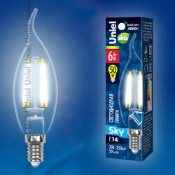 LED-CW35-6W-NW-E14-CL PLS02WH Лампа светодиодная, Форма свеча на ветру, прозрачная, Серия Sky, Белый свет