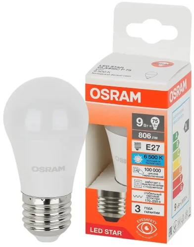 Лампа светодиодная LS 9W/4000K (=75W) E27 | LED Star 3Y | Шарик | - OSRAM. Фото