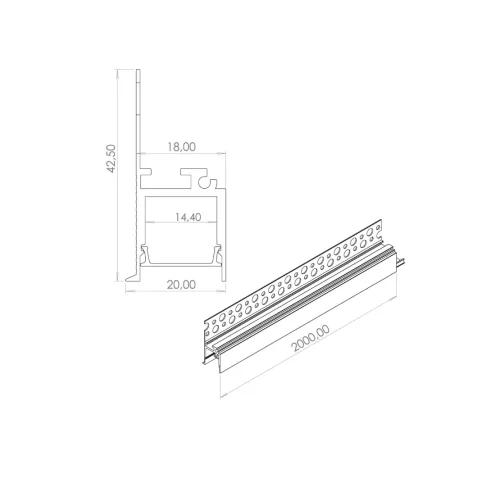 Алюминиевый профиль встраиваемый в гипсокартон 187 (белый, 2000x42,5x20 мм с рассеивателем) - фото II