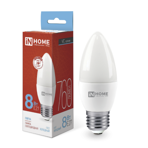 Лампа светодиодная LED-СВЕЧА-VC 8Вт 230В Е27 6500К 760Лм IN HOME - Фото
