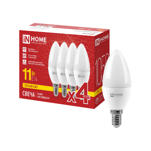 Лампа светодиодная LED-СВЕЧА-VC 4PACK 11Вт 230В Е14 3000К 1050Лм (4шт./упак) IN HOME - Фото