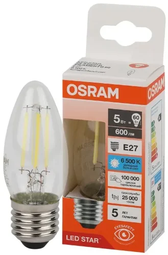 Лампа светодиодная филаментная 5W/6500K (=60W) E27 | Свеча | LED STAR 5Y FILAMENT | - OSRAM. Фото 2
