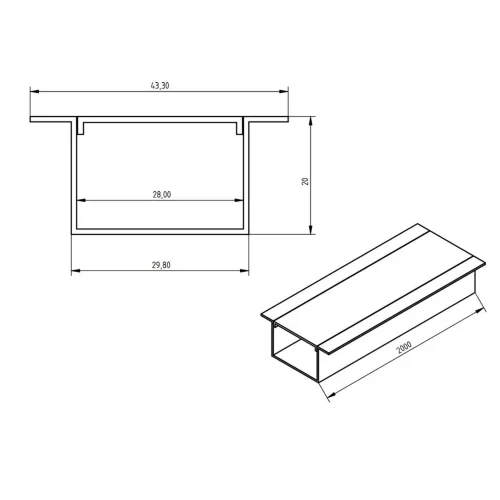 Алюминиевый профиль врезной 777 (2000x43.3/29.8x20мм с рассеивателем) - фото II