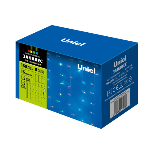 ULD-C1515-160/DTA MULTI IP20Занавес светодиодный с контроллером, 1,5х1,5м. 160 светодиодов. Разноцветный свет. Провод прозрачный. - фото