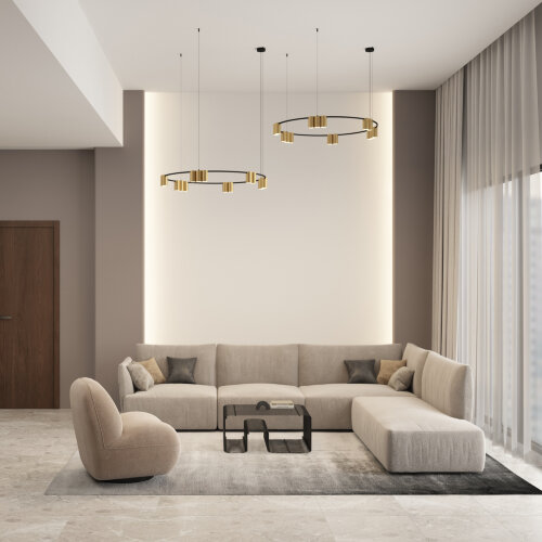 DK4067-BK+SG Подвесной светильник ORBIT, IP20, 15xGU10 LED, до 15 Вт, черный + сатинированное золото, алюминий. Фото 4