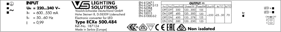 VS 125W/350-500мА 120-300V DIP-переключатель - Линейный драйвер для светодиодов Vossloh-Schwabe ECXe 500.484. Фото 2