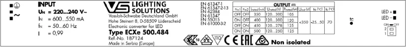 VS 125W/350-500мА 120-300V DIP-переключатель - Линейный драйвер для светодиодов Vossloh-Schwabe ECXe 500.484. Фото 2