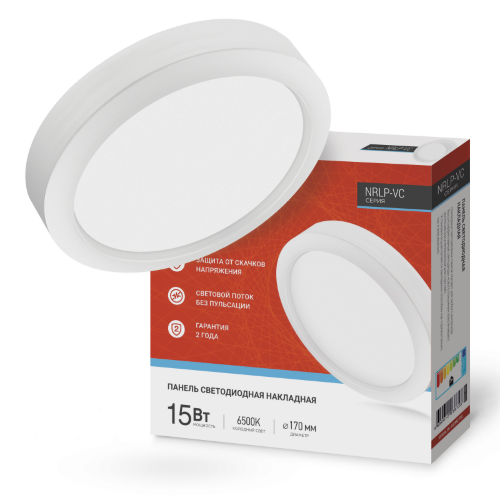 Панель светодиодная накладная круглая NRLP-VC 15Вт 230В 6500К 1200Лм 170мм белая IP40 IN HOME - Фото