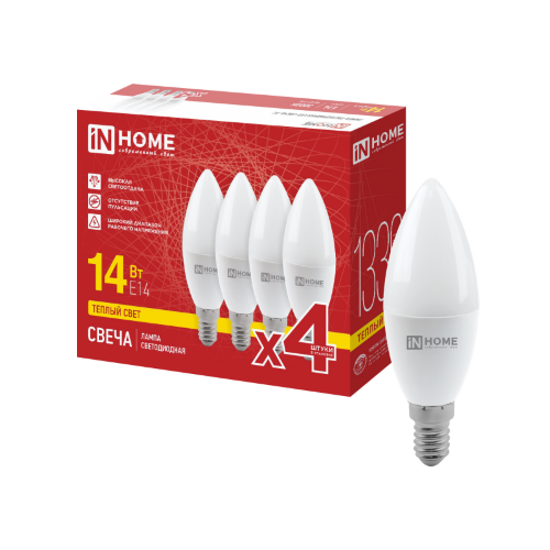 Лампа светодиодная LED-СВЕЧА-VC 4PACK 14Вт 230В Е14 3000К 1330Лм (4шт./упак) IN HOME - Фото