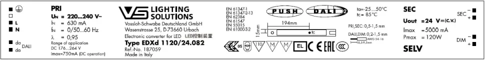 VS (24V 120W DALI/1-10V IP20) EDXd 120/24.082 359х30х21мм - Драйвер для светодиодов Vossloh-Schwabe. Фото 2