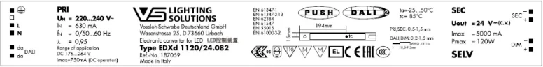 VS (24V 120W DALI/1-10V IP20) EDXd 120/24.082 359х30х21мм - Драйвер для светодиодов Vossloh-Schwabe. Фото 2