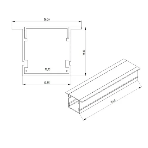 Алюминиевый профиль врезной 774 (2000x28.2/19.55x19.8мм с рассеивателем) - фото II