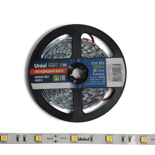 ULS-M22-5050-30LED-m-10mm-IP20-DC12V-7.2W-m-5M-4000K PROFI Гибкая светодиодная лента на самоклеящейся основе, Катушка 5м, в герметичной упаковке, Белый свет4000К. - фото 3