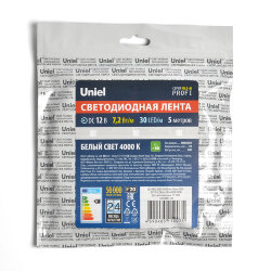 ULS-M22-5050-30LED-m-10mm-IP20-DC12V-7.2W-m-5M-4000K PROFI Гибкая светодиодная лента на самоклеящейся основе, Катушка 5м, в герметичной упаковке, Белый свет4000К.