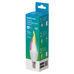 LED-CW37-5W-RGBW-E14-230V-WF-FR PLS80WH Умная лампа светодиодная Wi-Fi+Bluetooth, диммируемая, Форма свеча на ветру, матовая, 2700-6500K+RGB, Голосовое управление+приложение UnielSmart, TM Uniel