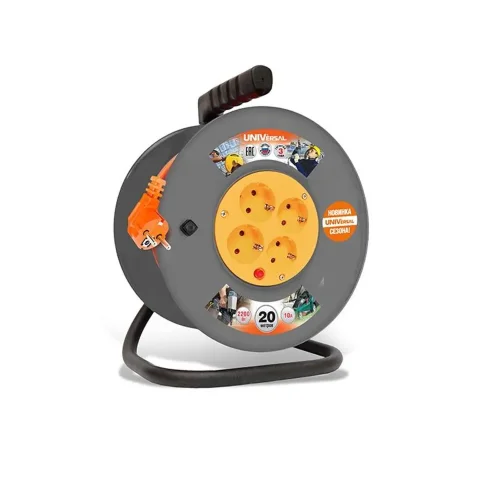 Удлинитель на катушке 4х20м с заземл. 6А IP20 ВЕМ-250 ПВС 3х0.75 термозащита защ. шторки UNIVersal 1679 - фото