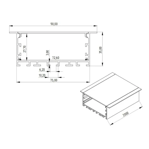 Алюминиевый профиль врезной 766 (2000x90/75x35мм с рассеивателем) - фото II