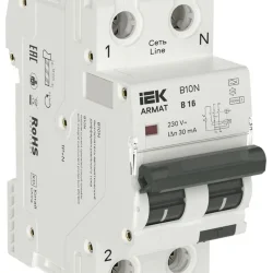 Выключатель автоматический дифференциального тока 2п (1P+NP) B 16 30мА тип A АВДТ B10N 36мм ARMAT IEK AR-B10N-1N-B016A030