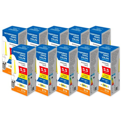 LED-C35-5.5W-3000K-E14-CL-SLF SET10 Лампа светодиодная, Форма свеча, прозрачная, Серия Optima Филамент, Теплый белый свет 3000K, Упаковка 10 штук - фото 1