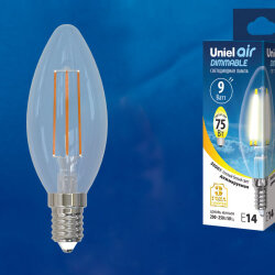 LED-C35-9W-3000K-E14-CL-DIM GLA01TR Лампа светодиодная диммируемая, Форма свеча, прозрачная, Серия Air, Теплый белый свет 3000K.