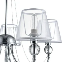 Светильники станут украшением интерьера, придадут ему шарм. Арматура светильников - из металла, а абажуры – из прозрачной органзы и ПВХ. Каждый из светильников серии дополнен тонкими серебристыми цепочками, а основания рожков украшены стеклянными прозрачн