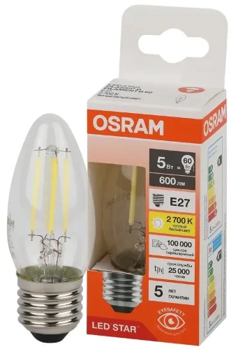 Лампа светодиодная филаментная 5W/2700K (=60W) E27 | Свеча | LED STAR 5Y FILAMENT | - OSRAM. Фото 2