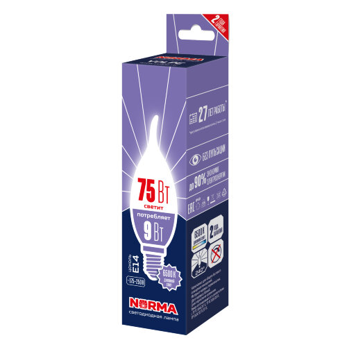 LED-CW37-9W-6500K-E14-FR-NR Лампа светодиодная, Форма свеча на ветру, матовая, Серия Norma, Дневной белый свет 6500K, Картон - фото 2