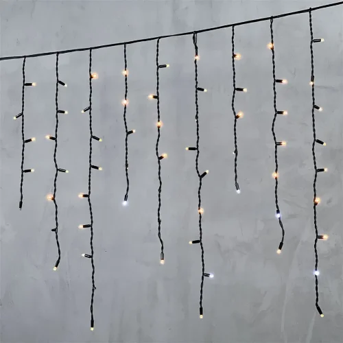 Гирлянда Бахрома 3,2 x 0,9 м Экстра Тепло-Белая с Мерцанием Белого Диода 220В, 168 LED, Провод Черный Каучук, IP65. Фото 1.