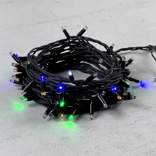 Гирлянда Нить 10м Разноцветная  с Мерцанием Каждого Диода 220В, 75 LED, Провод Черный Каучук, IP65. Фото 2.