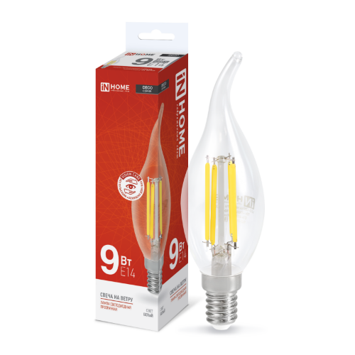 Лампа светодиодная LED-СВЕЧА НА ВЕТРУ-deco 9Вт 230В Е14 4000К 1040Лм прозрачная IN HOME - Фото