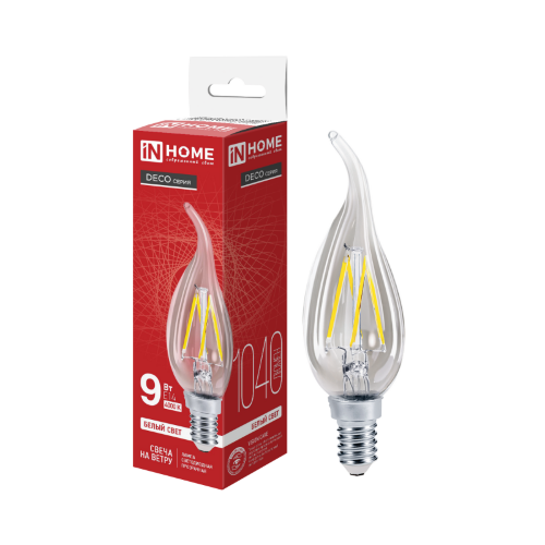 Лампа светодиодная LED-СВЕЧА НА ВЕТРУ-deco 9Вт 230В Е14 4000К 1040Лм прозрачная IN HOME - Фото