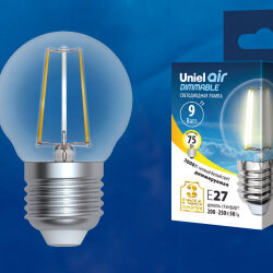 LED-G45-9W-3000K-E27-CL-DIM GLA01TR Лампа светодиодная диммируемая, Форма шар, прозрачная, Серия Air, Теплый белый свет 3000K.