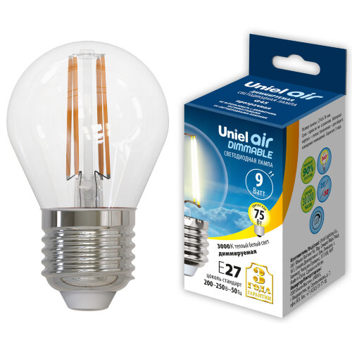 LED-G45-9W-3000K-E27-CL-DIM GLA01TR Лампа светодиодная диммируемая, Форма шар, прозрачная, Серия Air, Теплый белый свет 3000K. - фото 4