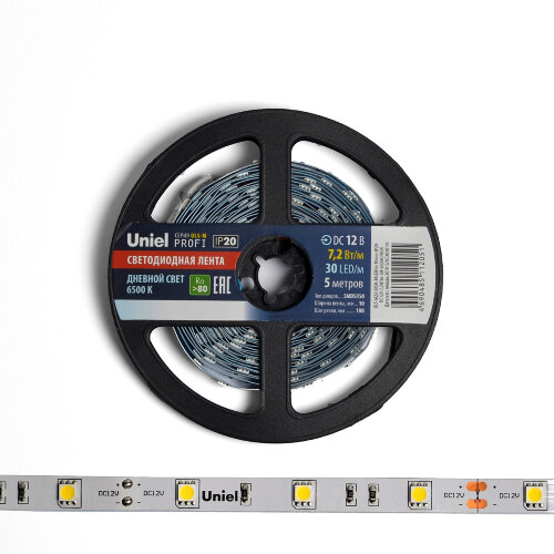 ULS-M22-5050-30LED-m-10mm-IP20-DC12V-7.2W-m-5M-6500K PROFI Гибкая светодиодная лента на самоклеящейся основе, Катушка 5м, в герметичной упаковке, Дневной свет 6500K. - фото 3