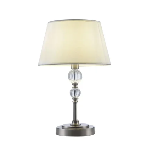 Серия светильников для интерьеров гостиных, спален и офисов в современном стиле. Арматура из метала цвета “никель” дополнена декоративными элементами из прозрачного акрила (шарики). Белые абажуры из текстиля на ПВХ. (Никель) - фото