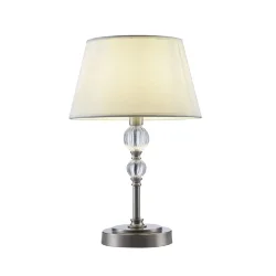 Серия светильников для интерьеров гостиных, спален и офисов в современном стиле. Арматура из метала цвета “никель” дополнена декоративными элементами из прозрачного акрила (шарики). Белые абажуры из текстиля на ПВХ. (Никель)