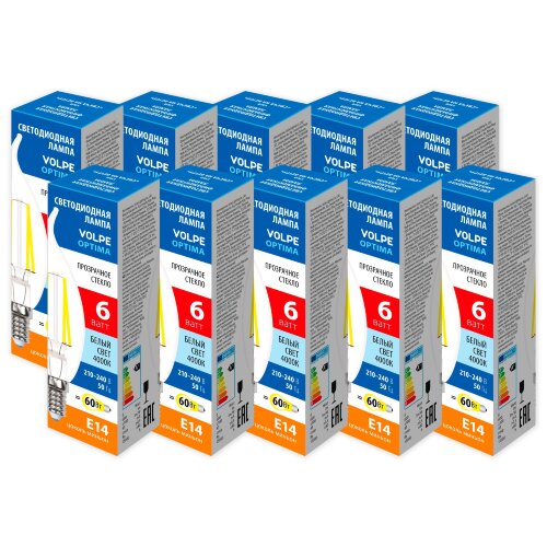 LED-CW35-6W-4000K-E14-CL-SLF SET10 Лампа светодиодная, Форма свеча на ветру, прозрачная, Серия Optima Филамент, Белый свет 4000К, Упаковка 10 штук - фото 1