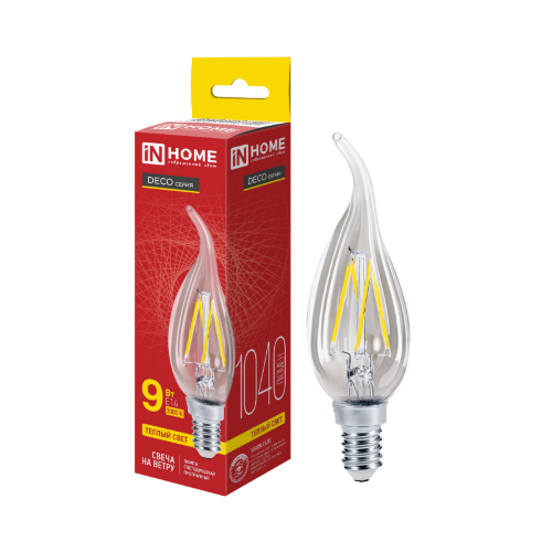 Лампа светодиодная LED-СВЕЧА НА ВЕТРУ-deco 9Вт 230В Е14 3000К 1040Лм прозрачная IN HOME - Фото